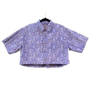 Cooke Street Honolulu Blue Hawaiian Short Sleeve Button Crop Top Sz L